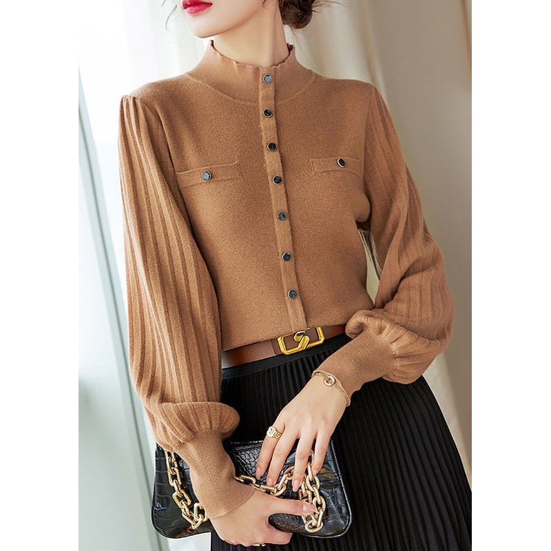 Women Camel Turtleneck Patchwork Cotton Knit Tops Lantern Sleeve