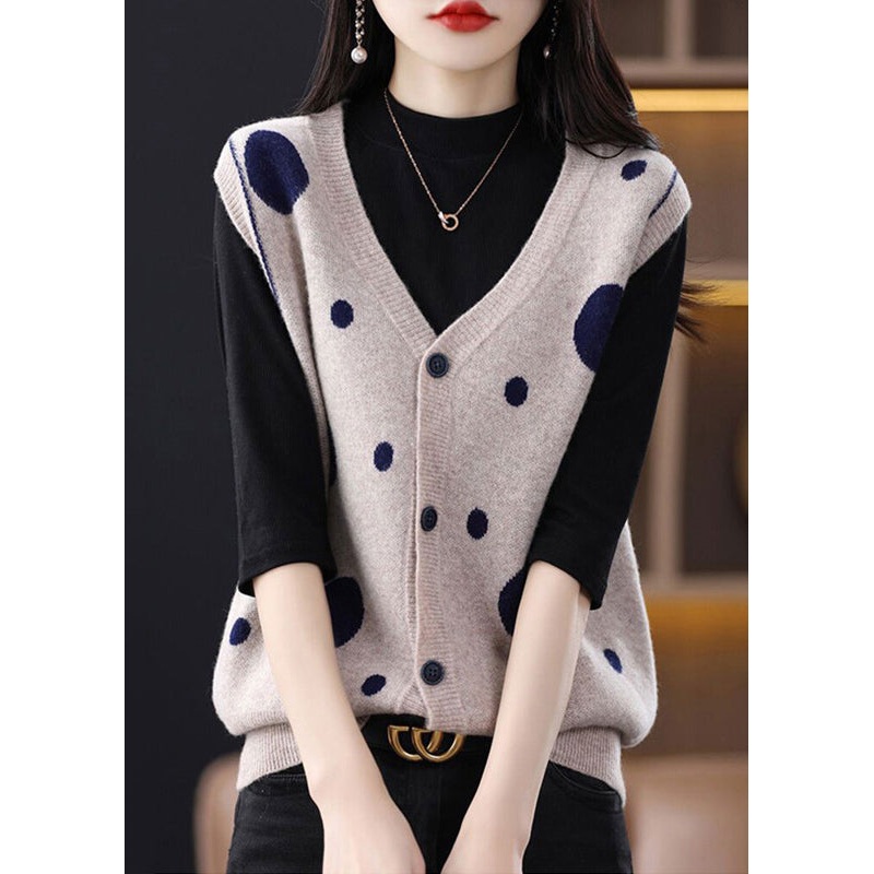 Women Camel V Neck Dot Patchwork Woolen Vest Tops Sleeveless