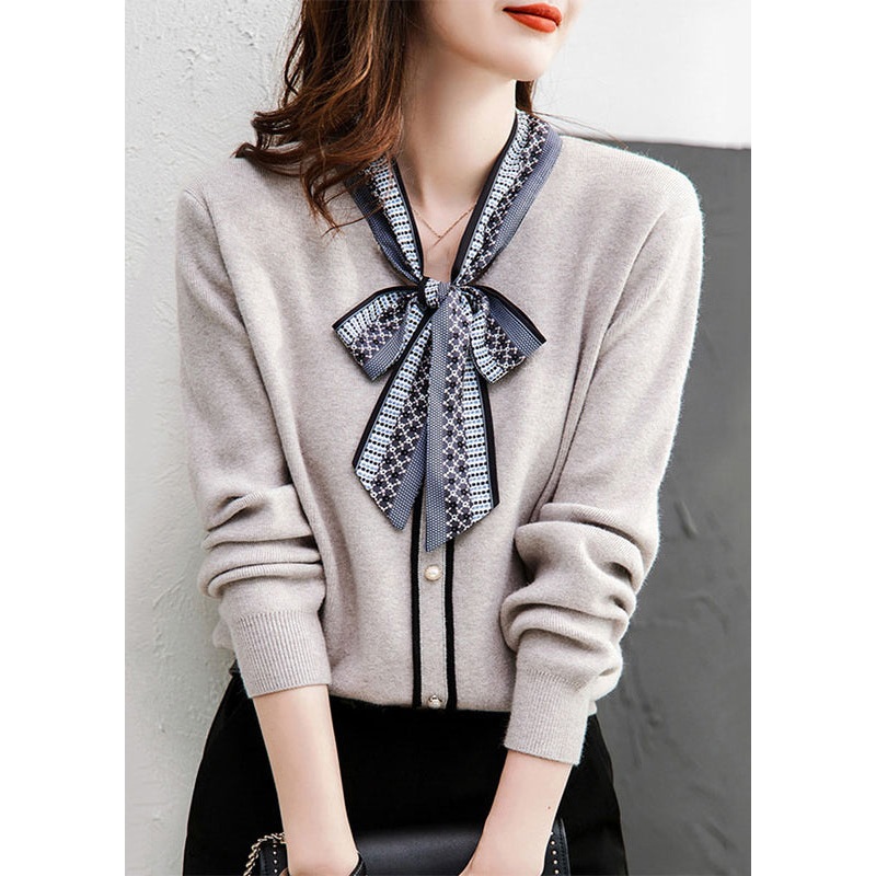 Women Grey Lace Up Button Patchwork Knit Sweaters Long Sleeve
