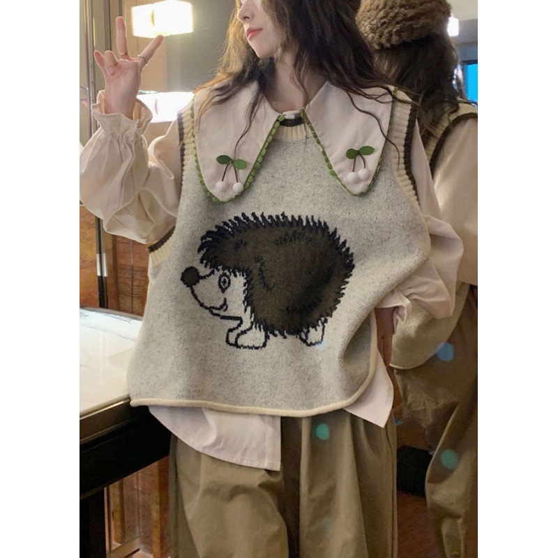 Women Grey O-Neck Animal Print Cotton Knit Waistcoat Fall