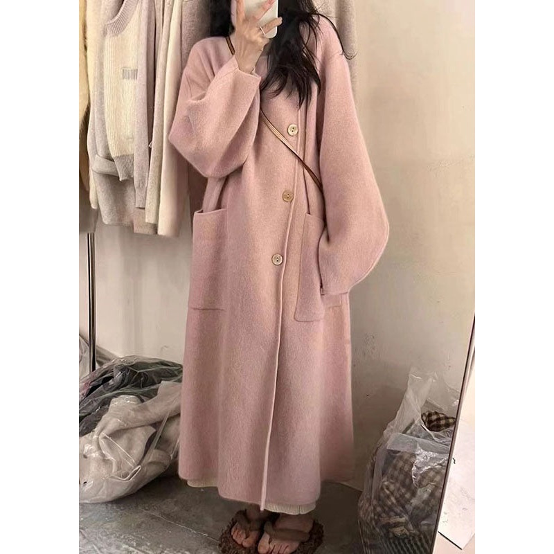 Women Pink Turtleneck Button Pockets Cotton Knit Long Coats Long Sleeve