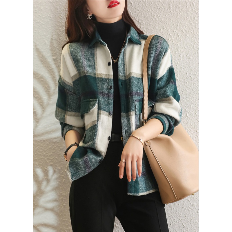 Women Plus Size Green Plaid Peter Pan Collar Cotton Shirt Tops Fall