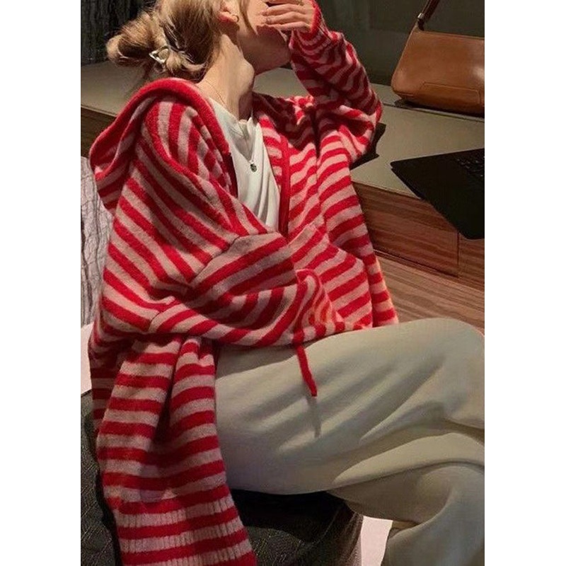 Women Red Zippered Wrinkled Striped Patchwork Cotton Knit Hoodies Coats Fall