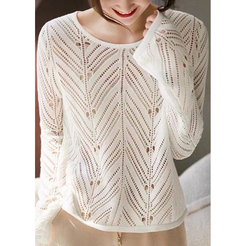 Women White O Neck Hollow Out Patchwork Knit Top Long Sleeve