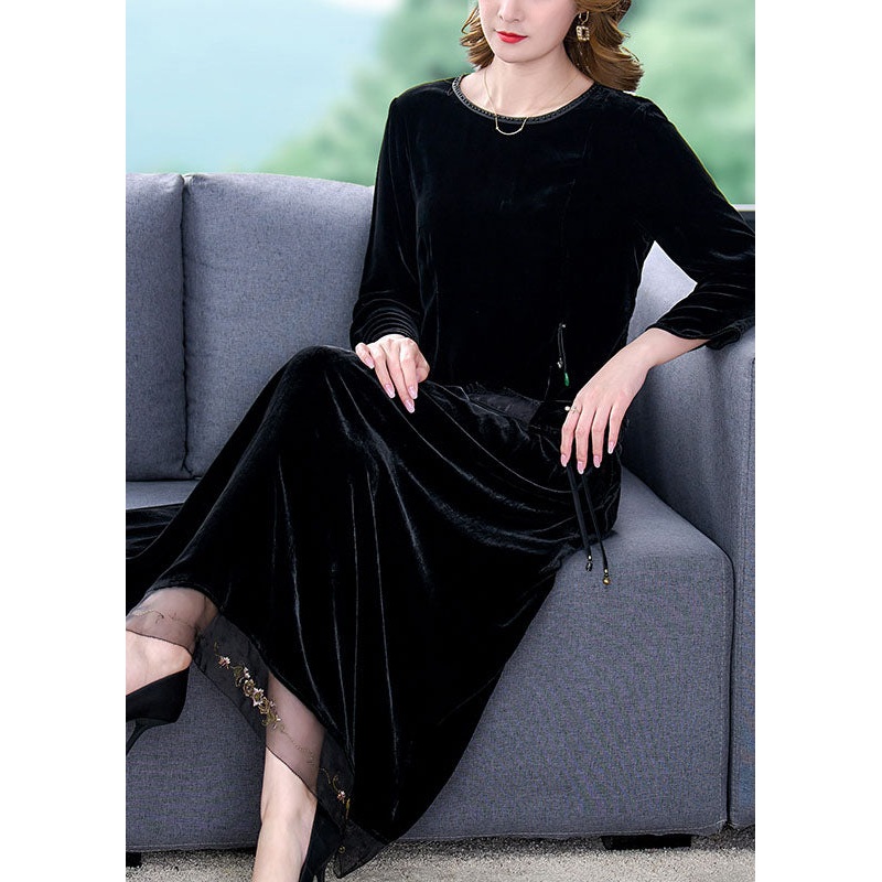 Art Black O-Neck Tulle Patchwork Silk Velour Top And Maxi Skirts Two Pieces Set Long Sleeve