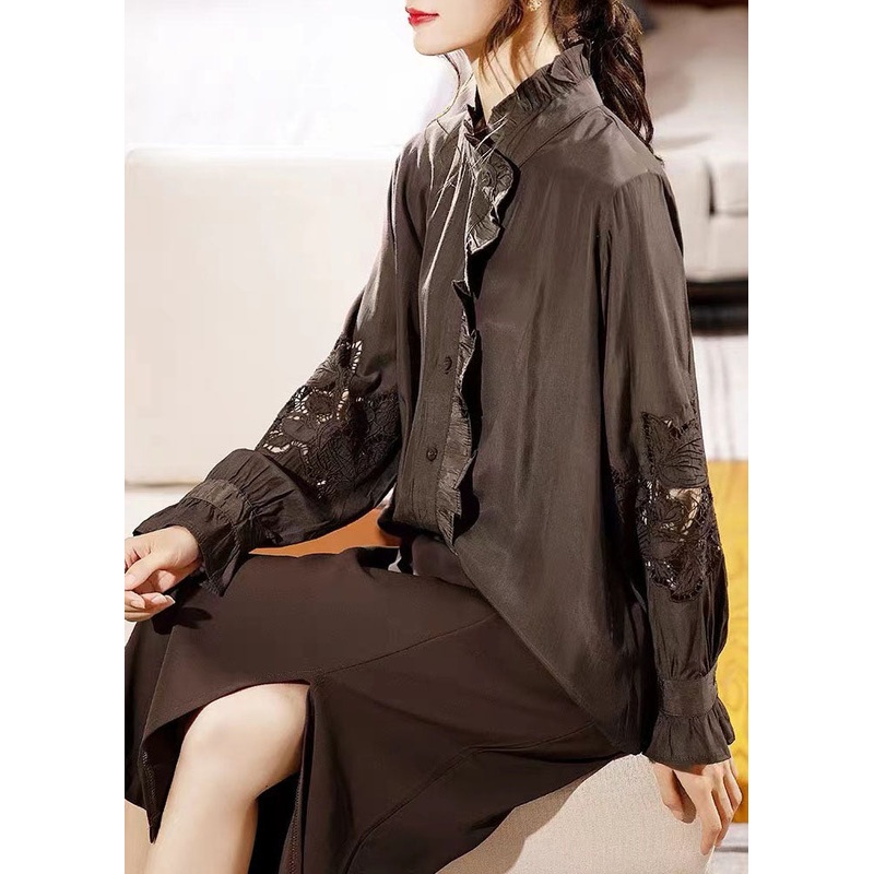 Beautiful Chocolate Ruffled Hollow Out Chiffon Shirt Long Sleeve