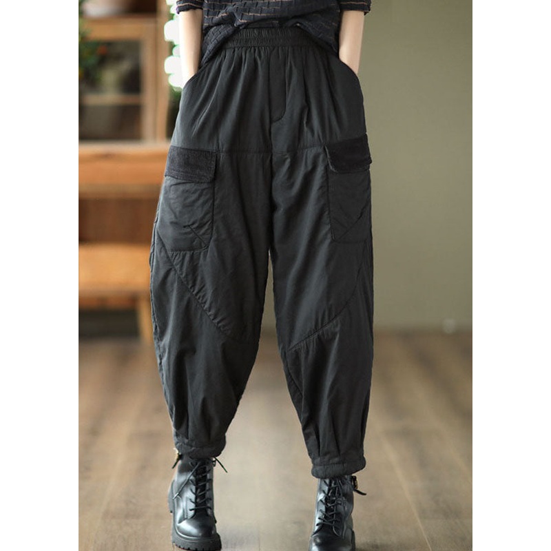 Black Elastic Waist Thick Fleece Pants Winter