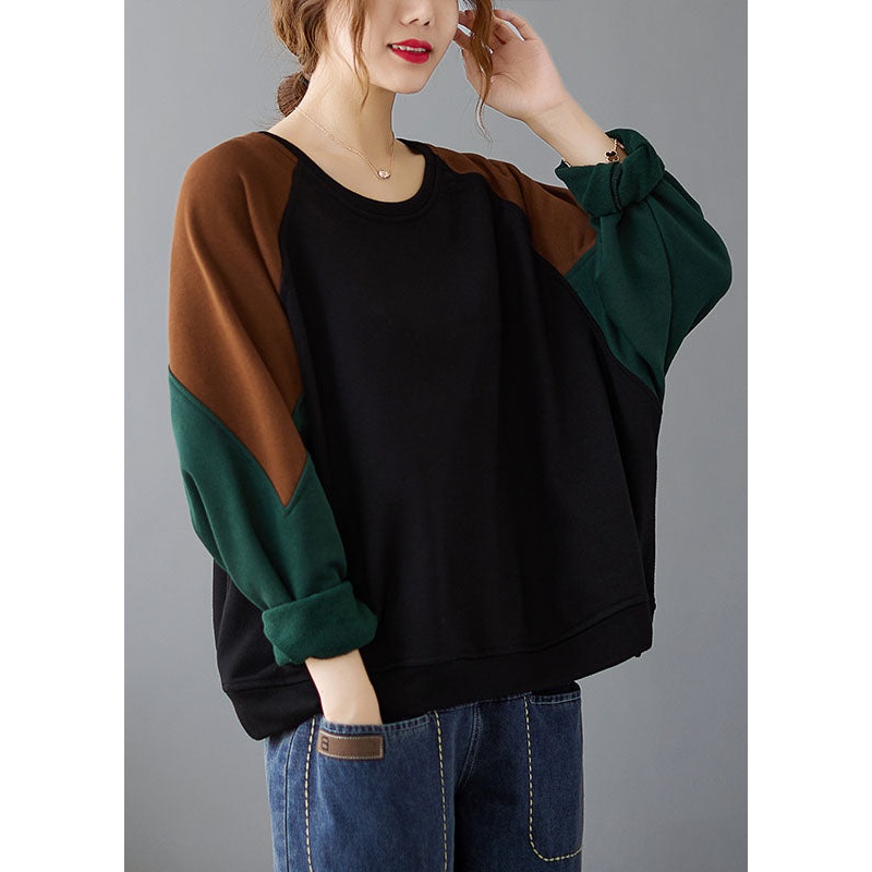 Black Patchwork Cozy Pullover Long Sleeve