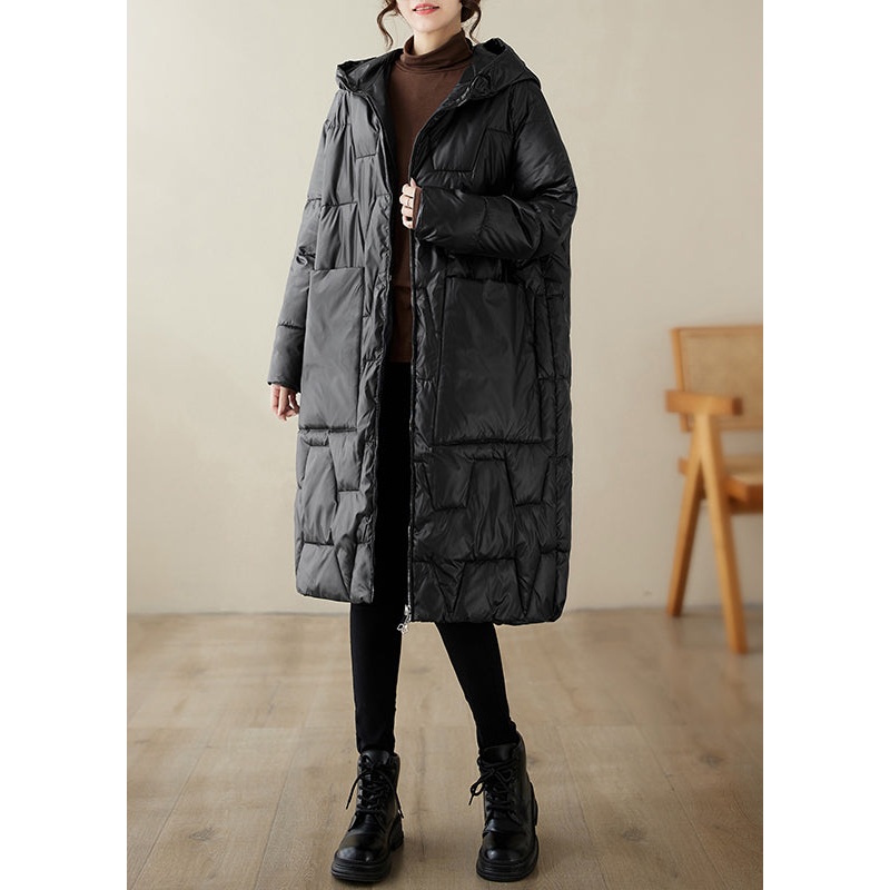 Black Pockets Fine Cotton Filled Coats Hooded Zippered Winter