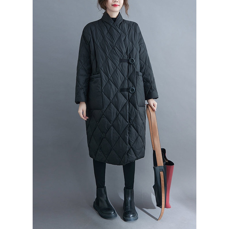 Black Pockets Patchwork Cotton Filled Long Parka V Neck Long Sleeve