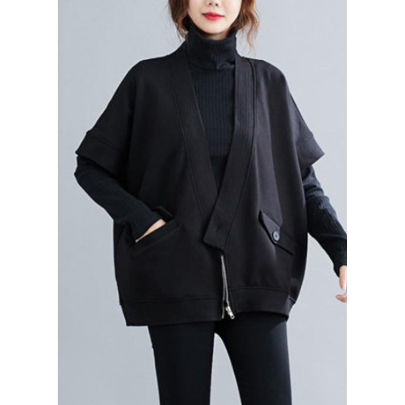 Black Pockets Patchwork Cotton Waistcoat V Neck Half Sleeve