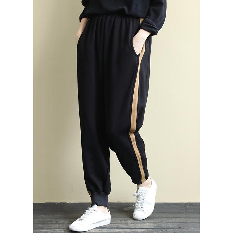 Black Pockets Versatile Warm Fleece Beam Pants Elastic Waist Winter