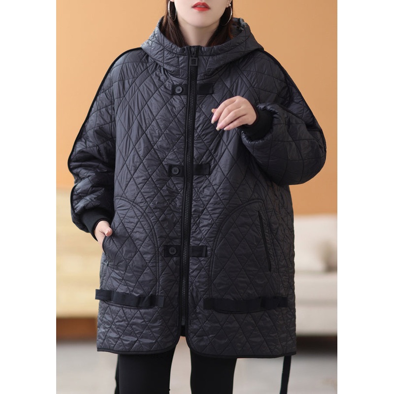 Black Solid Patchwork Thick Parka Zip Up Long Sleeve