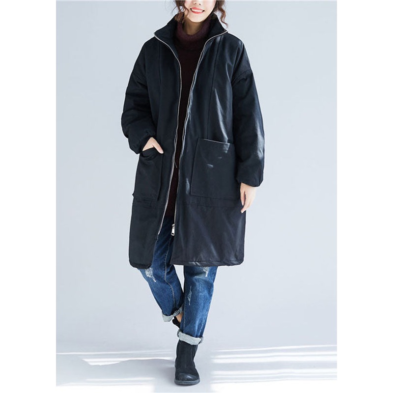 Black Zippered Thick Warm Parka Winter