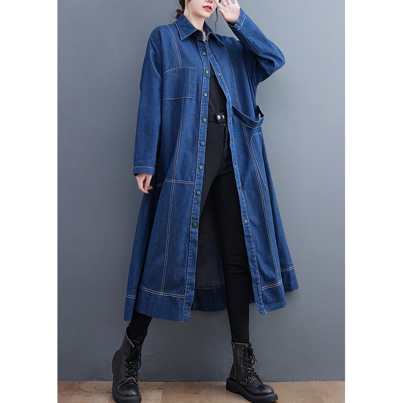 Blue Patchwork Denim Long Trench Coat Peter Pan Collar Long Sleeve