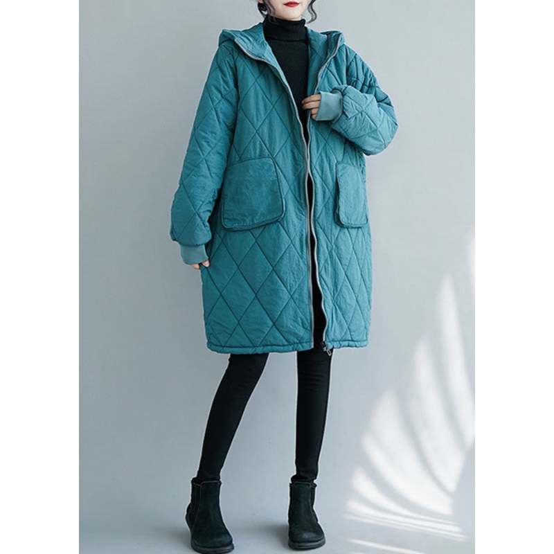 Blue Zippered Pockets Thick Hooded Parka Winter