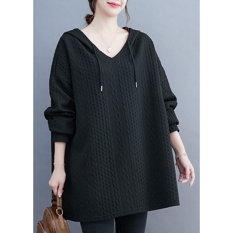 Bohemian Black Drawstring Hooded Sweatshirt Long Sleeve