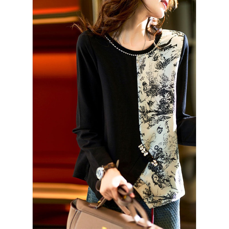 Bohemian Black O-Neck Asymmetrical Print Patchwork Tops Fall