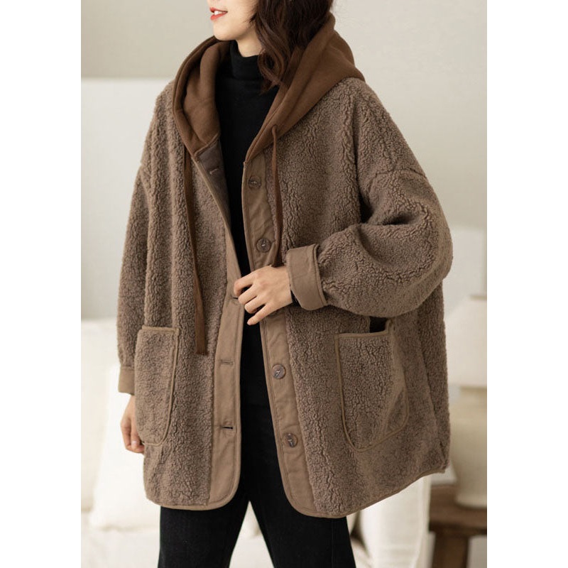 Boho Coffee Patchwork Button Thick Faux Fur Hooded Coats Winter