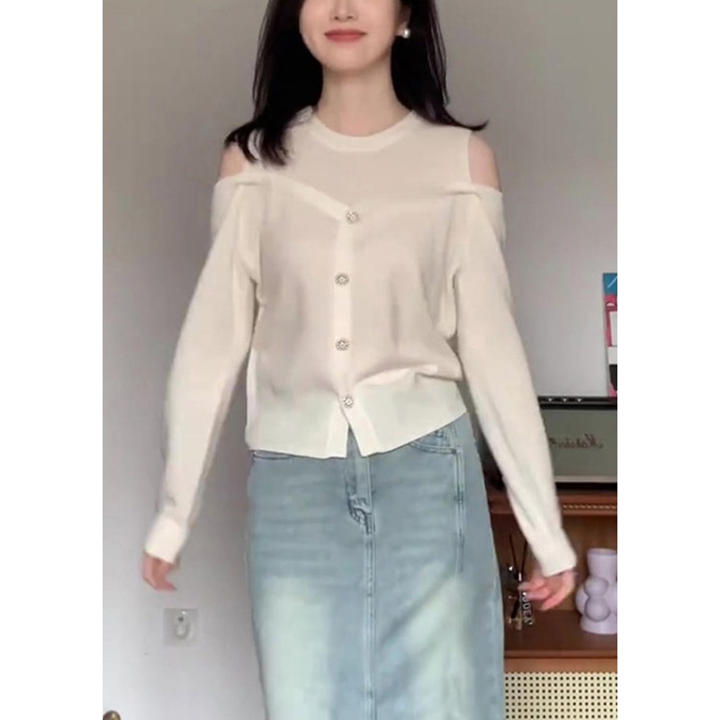 Boho White O Neck Button Patchwork Cotton Knit Top Fall