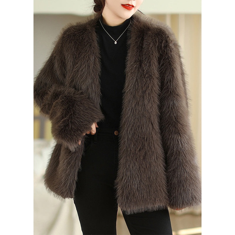 Boutique Fashion Coffee V Neck Faux Fur Coats Winter