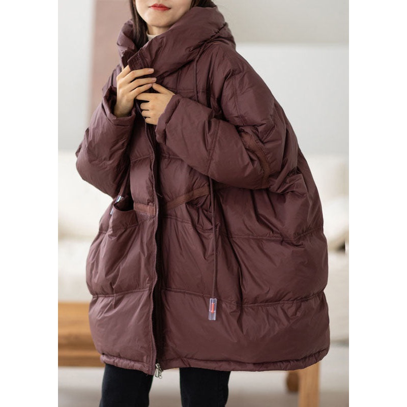 Brief Purplish Red Drawstring Zippered Duck Down Hooded Down Coat Winter