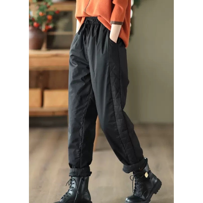 Casual Black Pockets Elastic Waist Fine Cotton Filled Pants Winter