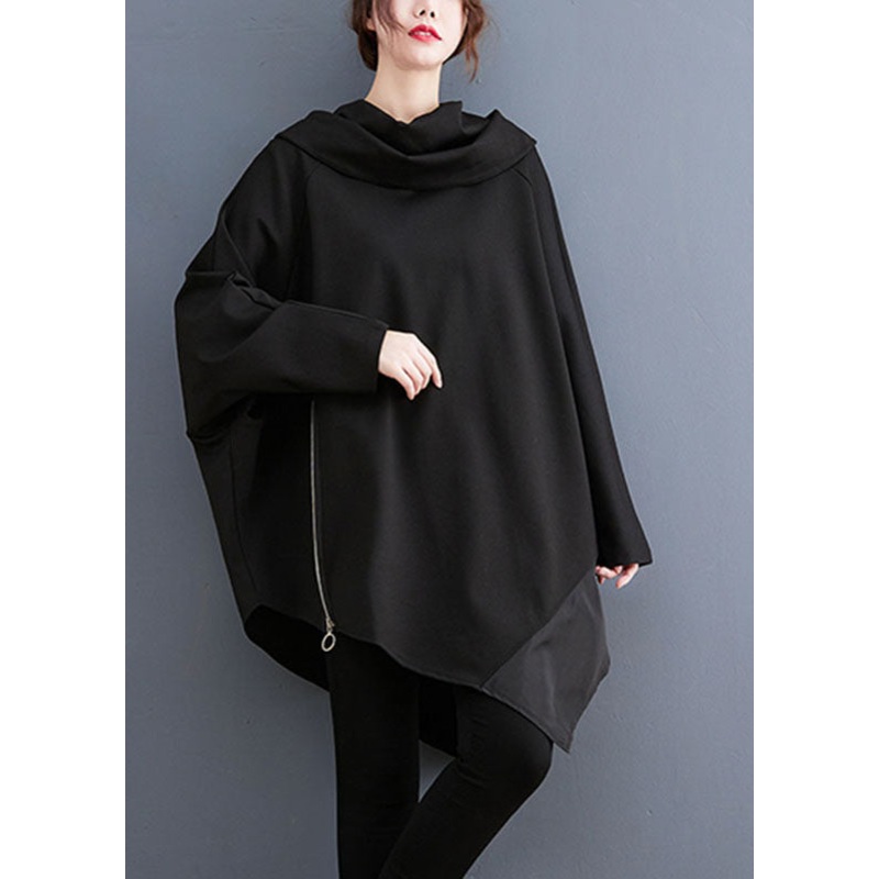Casual Black Turtle Neck Asymmetrical Patchwork Sweatshirts Fall