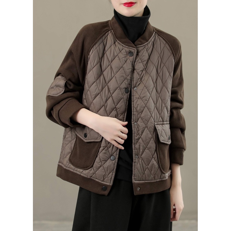 Casual Coffee O-Neck Plaid Patchwork Button Down Jackets Winter