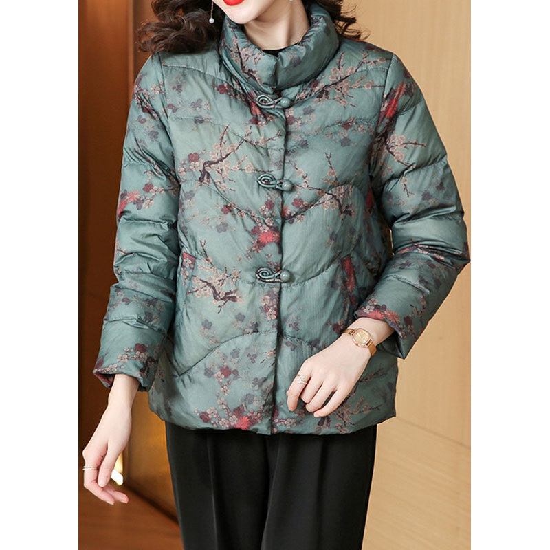 Casual Green Stand Collar Pockets Parka Winter