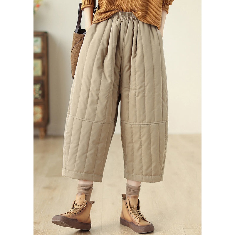 Casual Khaki Pockets Elastic Waist Fine Cotton Filled Crop Pants Winter