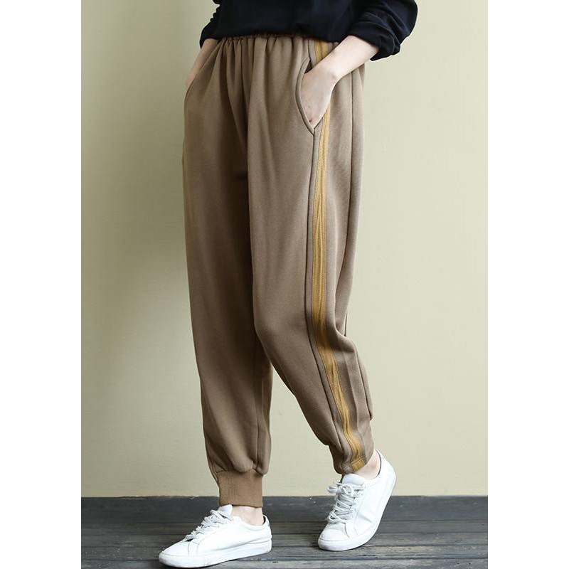 Casual Khaki Pockets Elastic Waist Warm Fleece Beam Pants Winter