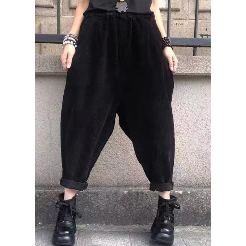 Casual Versatile Black Pockets Elastic Waist Corduroy Pants Fall
