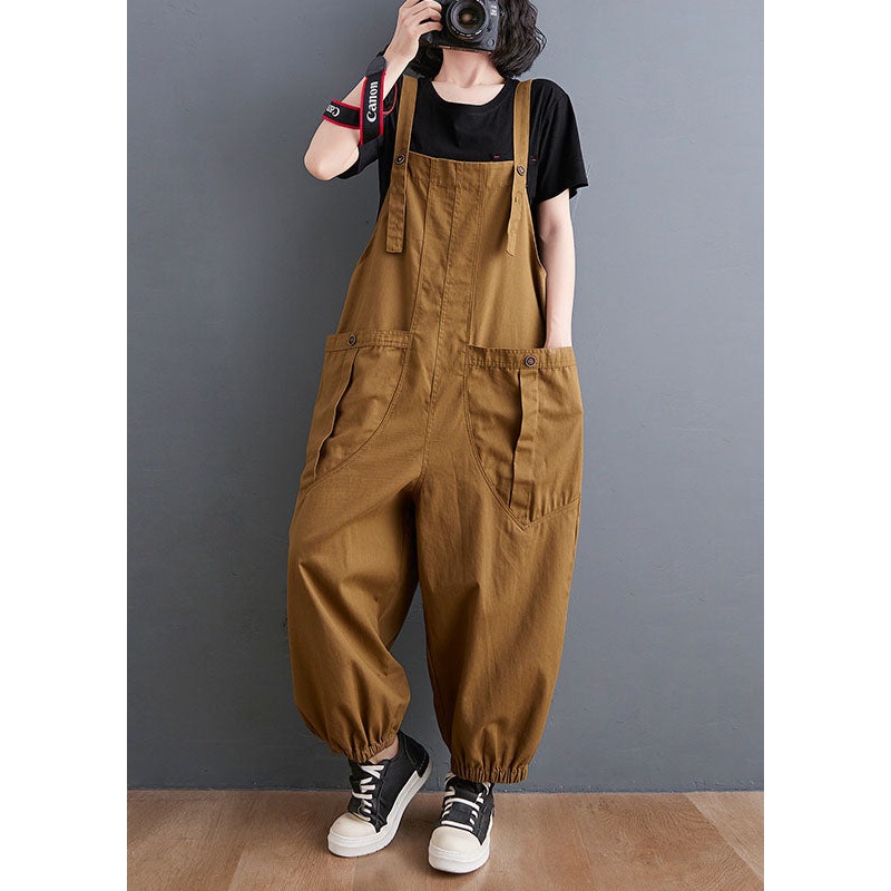 Casual Yellow Slash Neck Patchwork Pockets Harem Jumpsuit Fall