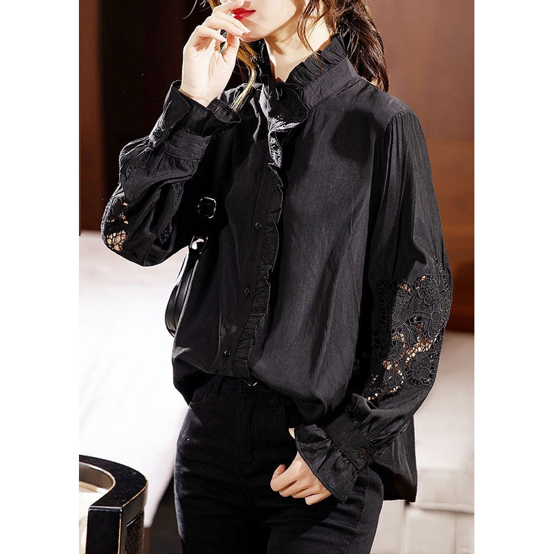 Chic Black Ruffled Lace Patchwork Hollow Out Shirts Long Sleeve