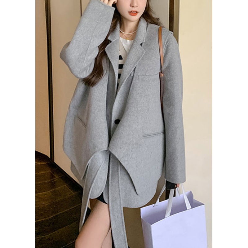 Chic Grey Button Pockets Patchwork Woolen Two Pieces Set Fall