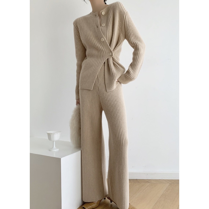 Chic Khaki Asymmetrical Button Patchwork Cotton Knit Two Pieces Set Fall