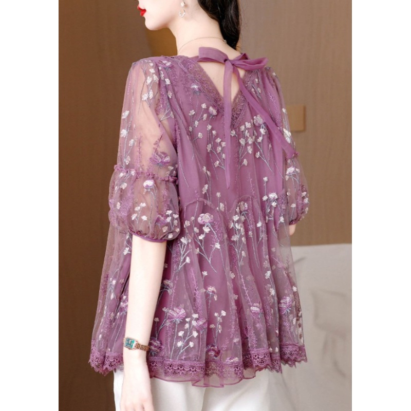 Chic Purple V Neck Embroideried Bow Lace Top Summer