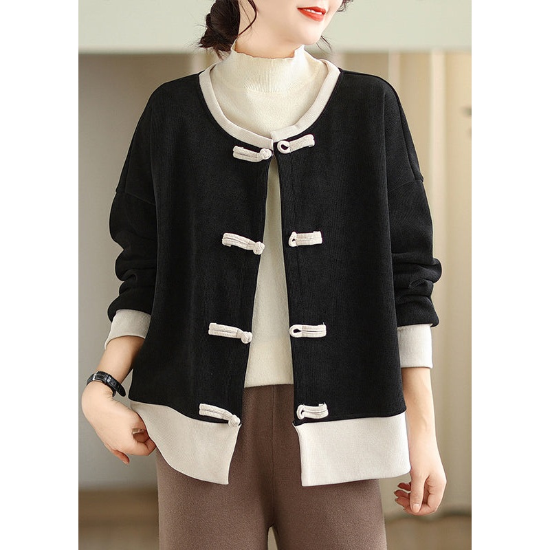 Chinese Style Black O Neck Oriental Button Warm Fleece Coats Fall