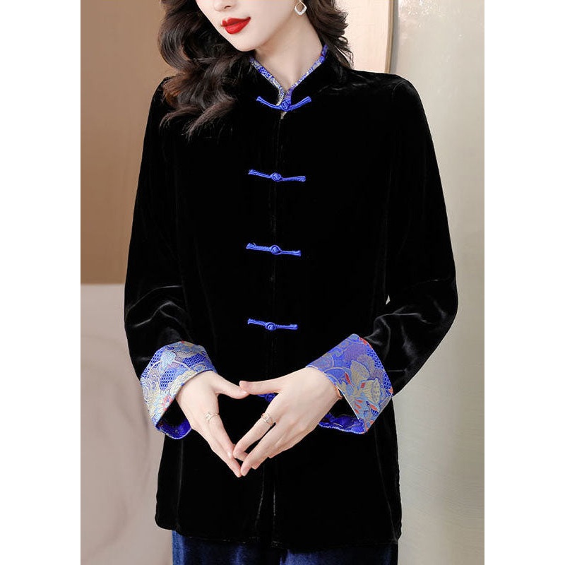 Chinese Style Black Print Button Silk Velour Coats Long Sleeve