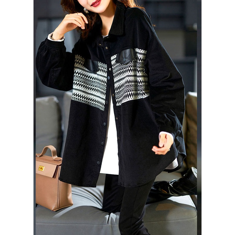 Classy Black Peter Pan Collar Print Button Corduroy Shirt Long Sleeve
