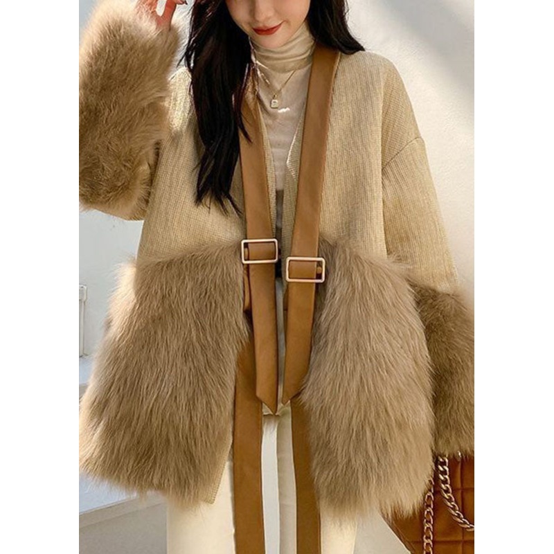 Classy Khaki V Neck Fuzzy Fur Fluffy Patchwork Leather And Fur Coat Long Sleeve