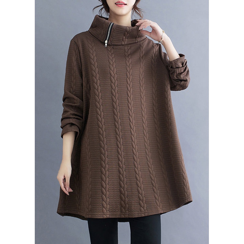 Coffee Asymmetrical Zip Up Cotton Top Turtleneck Winter