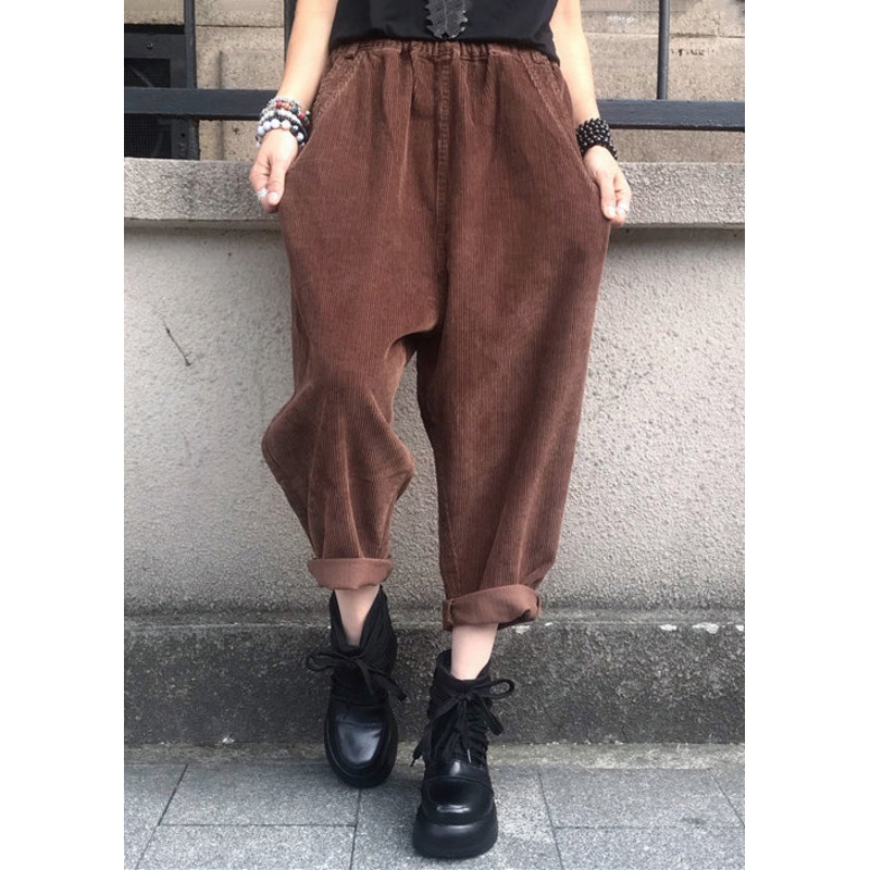 Coffee High Waist Patchwork Corduroy Harem Pants Pockets Fall