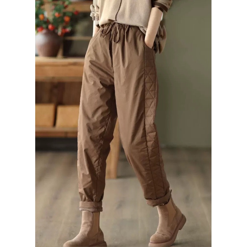 Coffee Pockets Loose Fine Cotton Filled Pants Elastic Waist Winter