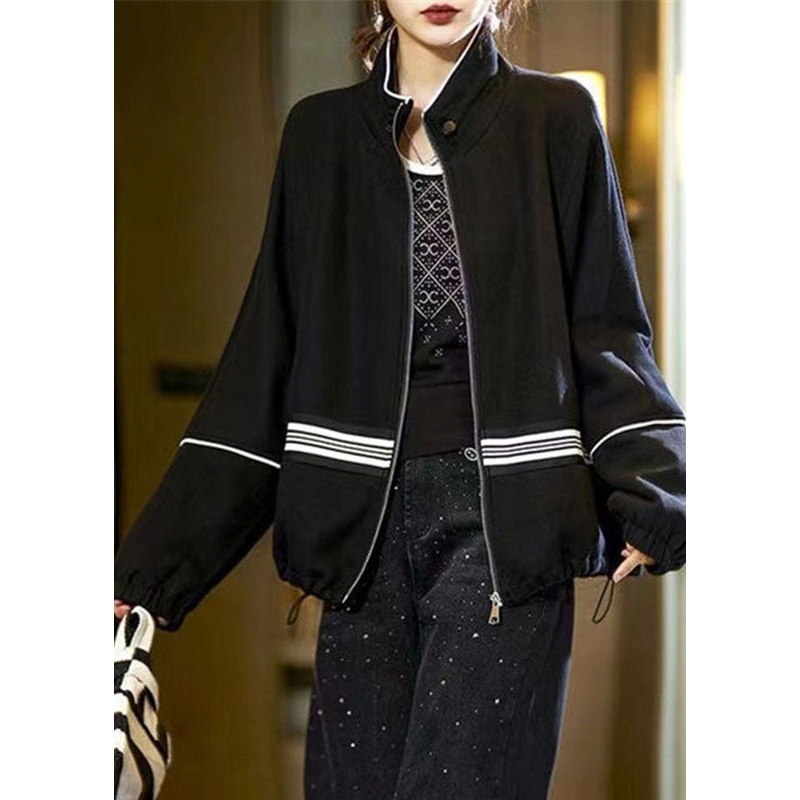 DIY Black Stand Collar Zippered Drawstring Patchwork Jackets Fall
