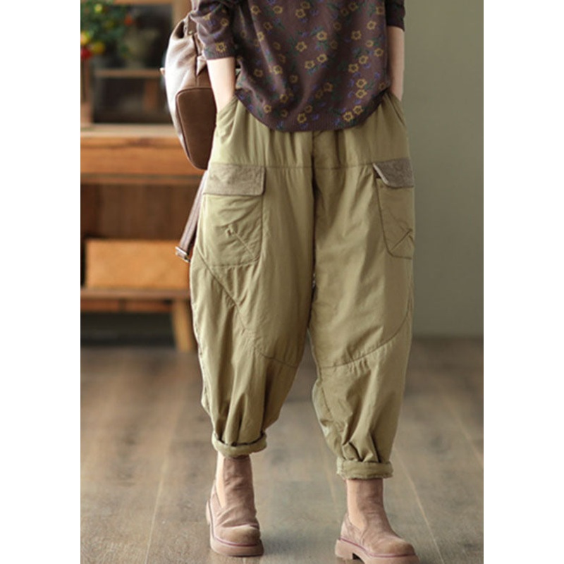 Elegant Light Green Pockets Patchwork Fleece Harem Pants