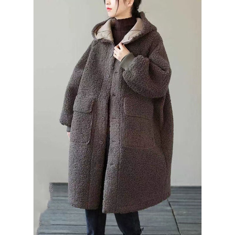 Fashion Coffee Button Pockets Warm Faux Fur Hooded Coat Long Sleeve