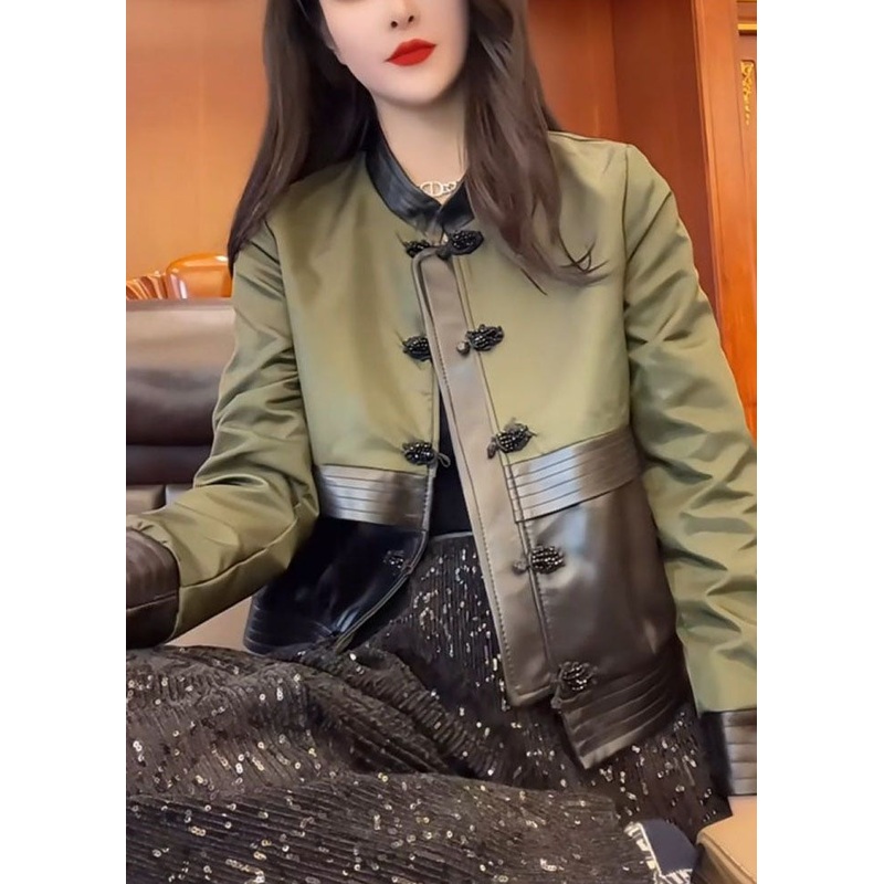 Fashion Green O-Neck Patchwork Button Leather Jacket Fall
