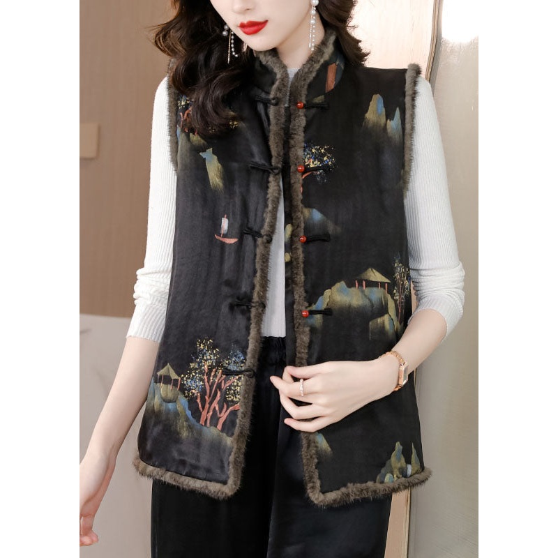 Fine Black Pockets Print Button Mink Hair Waistcoat Winter